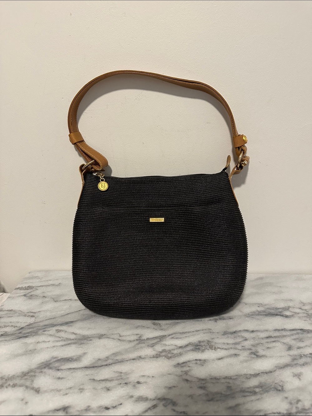 Erick Javits Black Shoulder Bag with adjustable Tan Strap